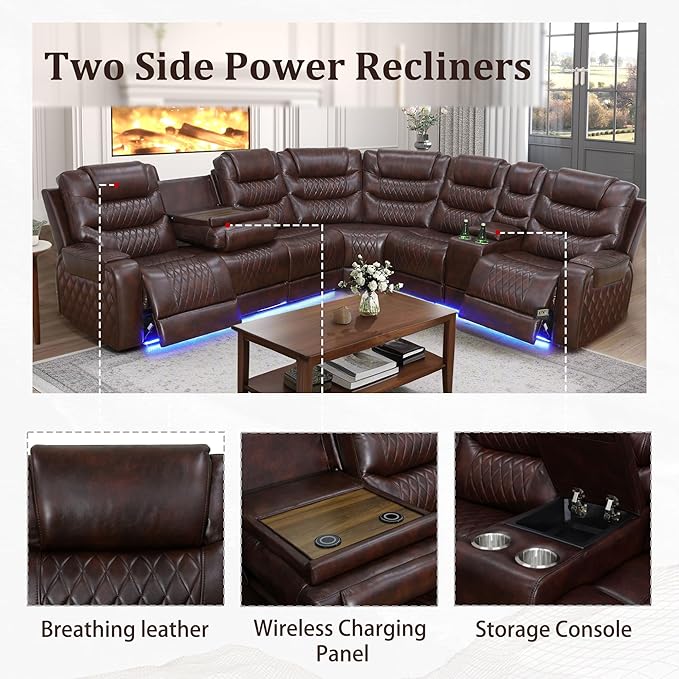 Breathing Leather Recliner Sectional Sofa, Power Reclining Sectional Couch with LED, L Shaped Recliner Couch 6 Seat Sofa for Living Room with USB Port&Cup Holders (Dark Red)