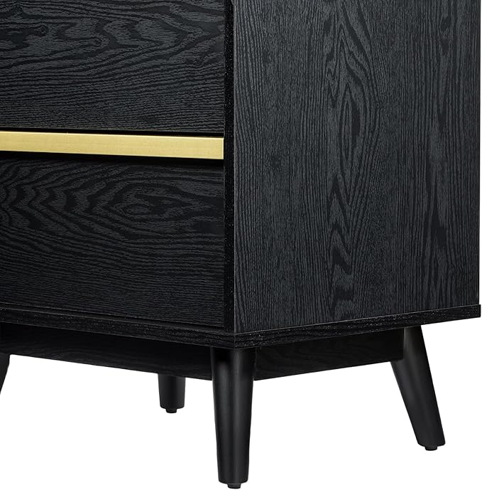 SANGO Cortland 2-Drawer Nightstand, Modern Black Wood Bedside Table with Brass Handle, Wooden Legs, Sleek Mid-Century Design, Elegant Storage for Contemporary Homes