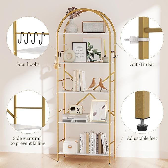 5 Tier Bookshelf Gold, 66.14 Inches Tall Arched Bookcase, Wide Storage Bookshelves with 4 Hooks, Stand Display Shelf for Living Room, Home Office, White and Gold
