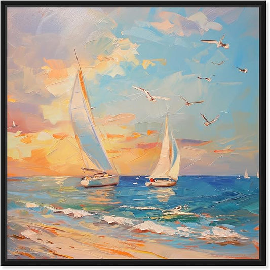 Art Remedy Sailboats In The Sunset Framed Sailing 1 Piece Canvas Wall Art, 41" x 41", Black Frame