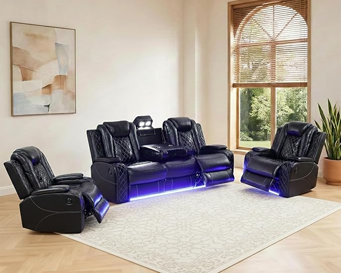 Power Recliner Sofa Set with LED, Breathing Leather Living Room Set 3 Piece, Reclining Couch and Two Chair with USB Port&Storage Console (Black)