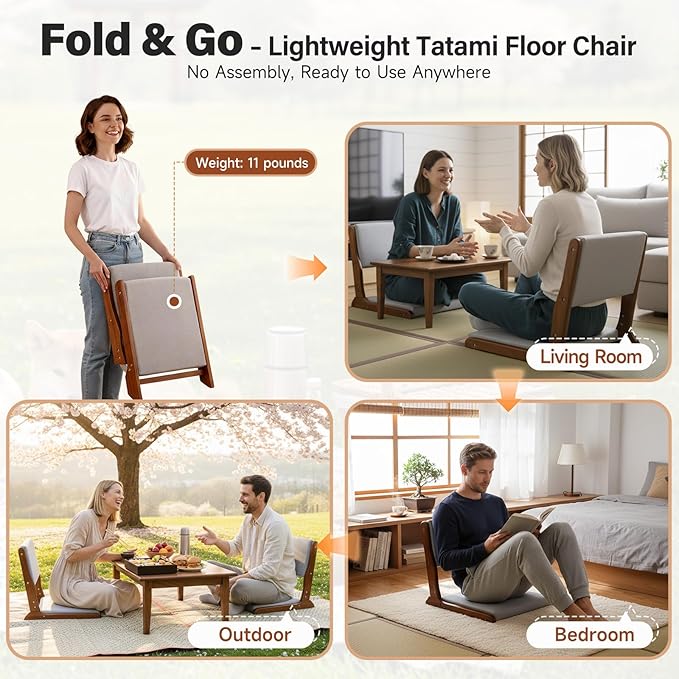 Tiita Foldable Tatami Chair, Japanese Floor Chair, Wood Legless Back Rest Chairs with Cushion, Accent Meditation Floor Chairs Bay Window, Walnut Grey