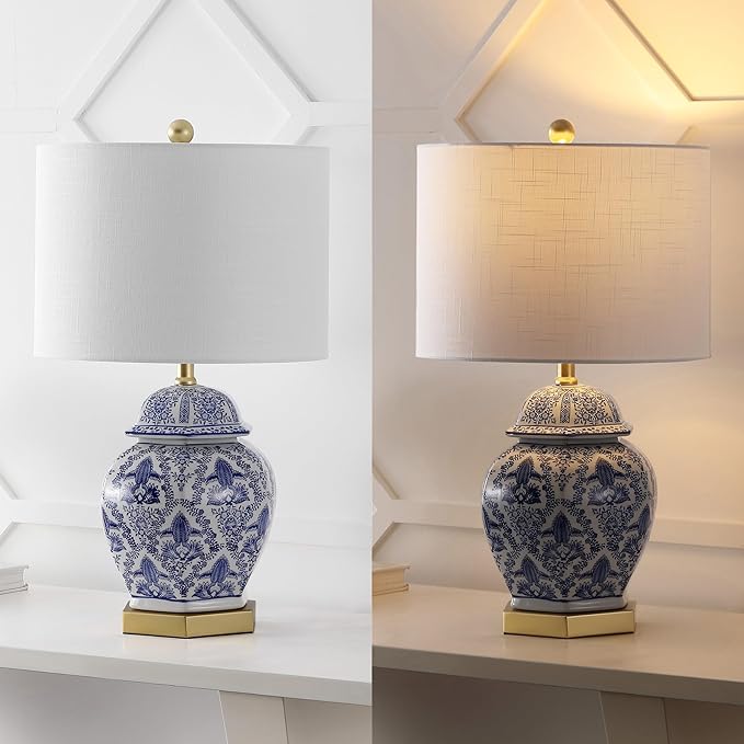JONATHAN Y 25" Blue/White Classic Traditional Ginger Jar Ceramic LED Table Lamp, Chinoiserie Table Lamp for Living Room Bedroom, Gold Base, White Linen Shade, LED Bulb Included JYL3051A