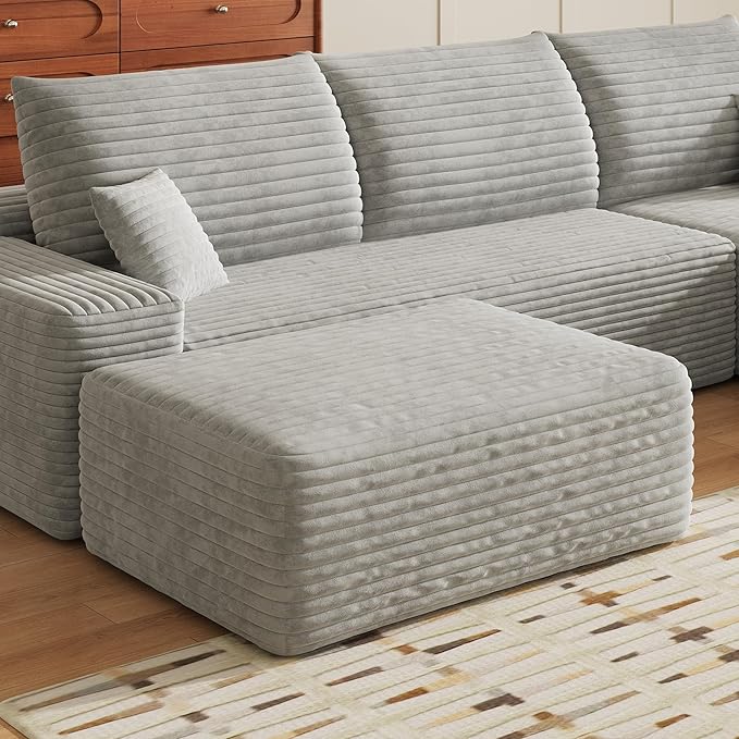 135" U Shaped Boneless Couch with Ottoman, Convertible Sleeper Compression Sofa, Corduroy Couch Sectional for Living Room Bedroom, Deep Seat Foam Cloud Sofas No Assembly, Right Facing Chaise, Grey