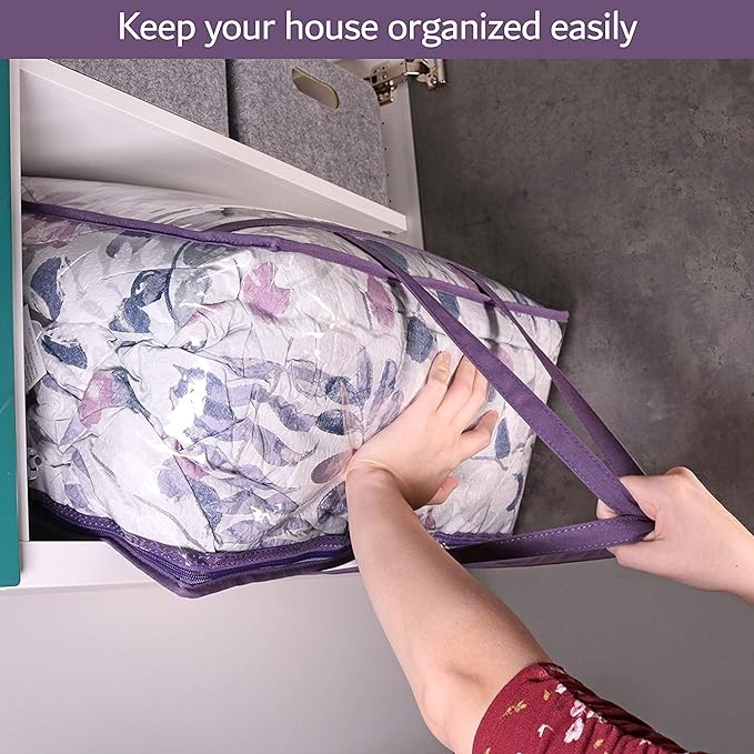 Clear Vinyl Zippered Storage Bags (3-Pack) 40L Sturdy Storage Bags for Sweaters, Blankets, Comforters, Bedding Sets and Much More! (Purple, 18x15x9)