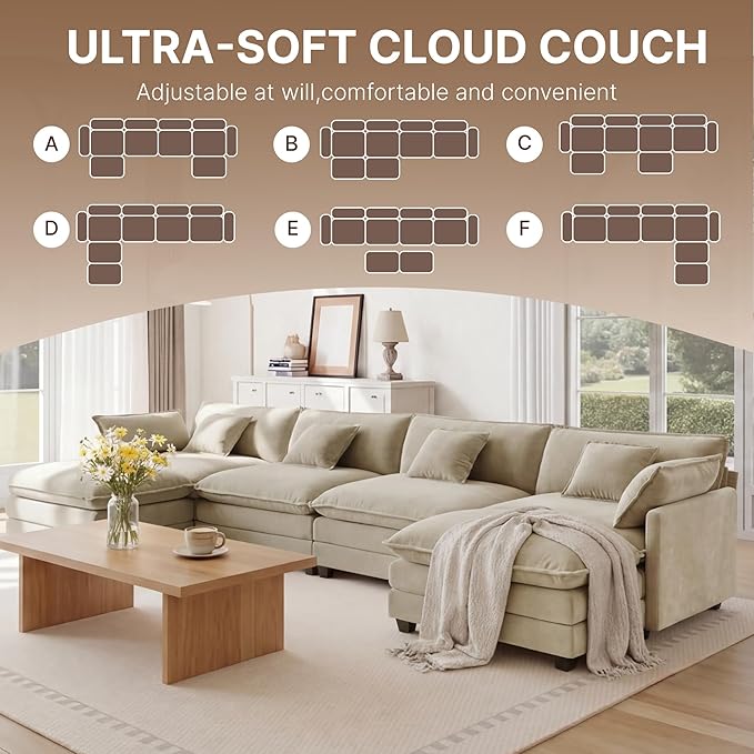 KISLOT 157" Oversized Modular Sectional Sofa,U-Shaped Cloud Couch with Movable Ottoman,Thick Cushions,6 Deep Seats with 6 Throw Pillows Sofa Couch Set for Living Room, Bedroom | Wood Frame