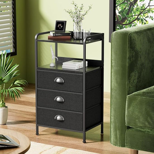 Night Stand with 3 Fabric Drawer and Sturdy Metal Frame, Modern Nightstand Lightweight & Durable -55LB Load Capacity, Wear-Resistant & Easy-Clean Surface, Black