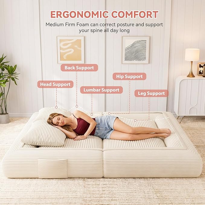 Jocoevol 4-in-1 Convertible Folding Sofa Bed, 68"L x 78"W Queen Size Foldable Sleeper Sofa Bed, Wide Corduroy Upholstery, Boneless Mattress Couch with Armrests & Neck Pillow for Living/Bedroom, Beige