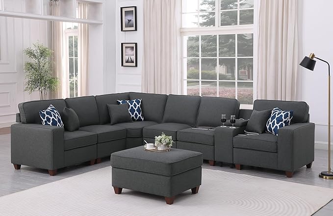 YOPTO 127" L-Shaped Sectional Couch with Movable Ottoman & 6 Throw Pillows,7 Seat Chenille Upholstered Sofa W/2 Cup Holders,USB Port & Hidden Storage Box,DIY Combination,for Living Room,Apartment,Gray
