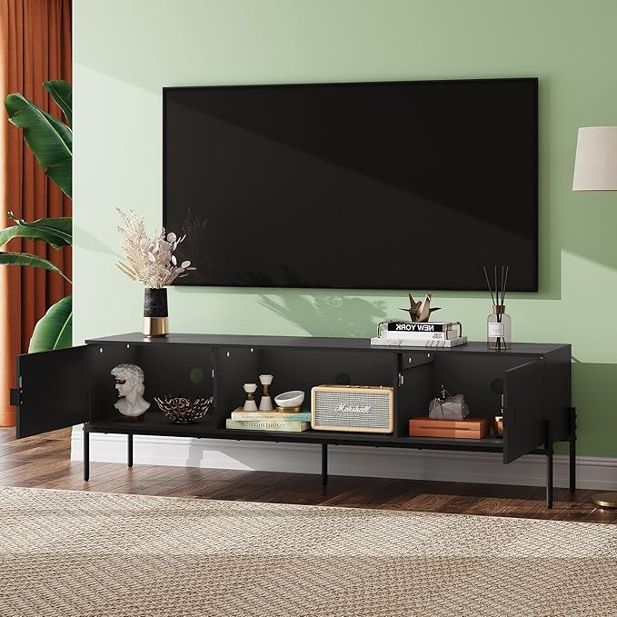 WLIVE TV Stand for 65 Inch TV, Mid Century Modern Entainment Center with 2 Storage Cabinets & Open Shelf, TV Console Table Media with Metal Legs for Living Room, Bedroom, Black
