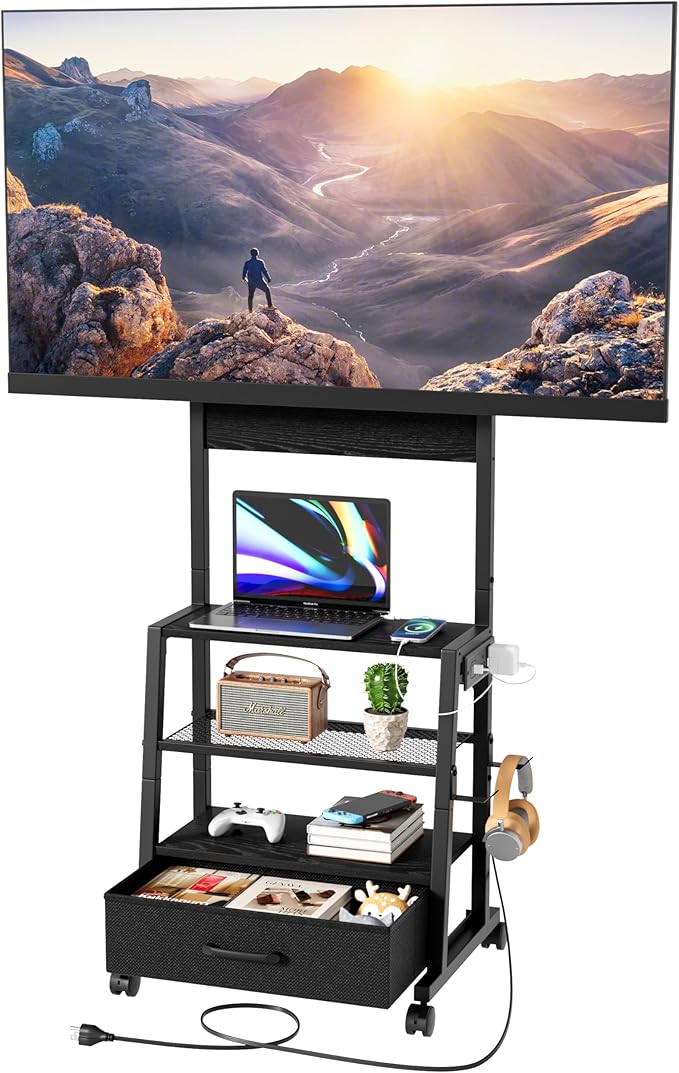Rolling TV Stand with Wheels and Mount - Small Corner TV Stand with Power Outlet for 32-55 inch TV, Entertainment Center with Fabric Drawer Storage for Living Room Bedroom, Black