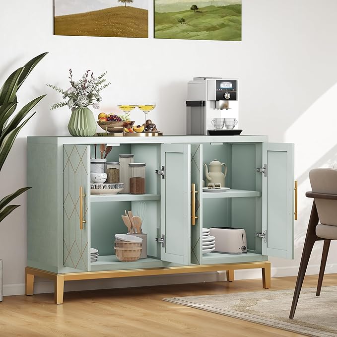 47.8" Accent Storage Cabinet with 4 Doors, Modern Sideboard Buffet Cabinet with Gold Lines, Wood Decorative Credenza with Storage for Living Room, Kitchen, Dining Room, Entryway, Green