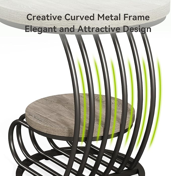 LITTLE TREE Round Side Table, Accent End Table with 2-Tier Shelf, Creative Curved Metal Frame, for Small Spaces, Grey + Black