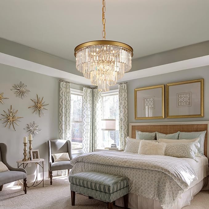 Modern Crystal Chandeliers Gold 24” Round Chandelier for Dining Room 12 Light Ceiling Pendant Light Fixture Raindrop Luxury Gold Flush Mount Chandelier for Entryway Living Room