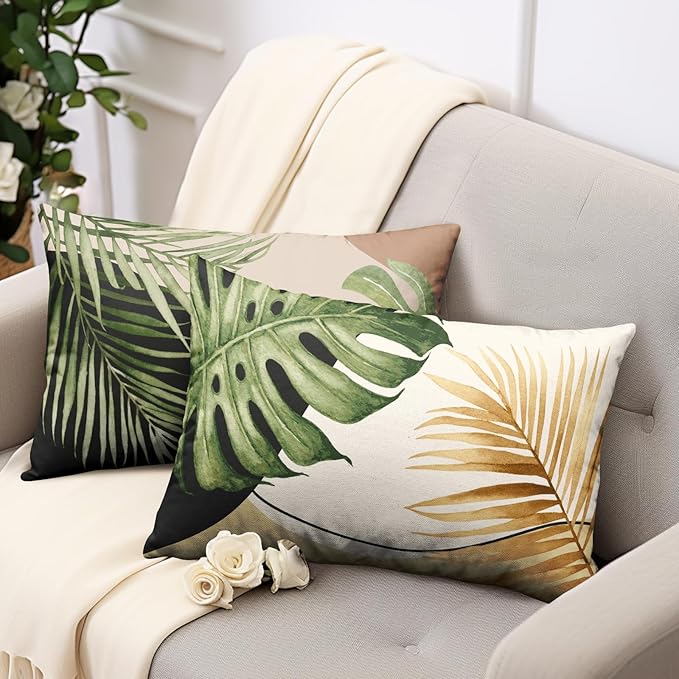 Summer Tropical Leaf Pillow Covers 12x20 Set of 2 Monstera Palm Leaf Lumbar Throw Pillow Cover Green Banana Leaves Botanical Plant Outdoor Rectangle Pillow Case for Living Room Couch Sofa