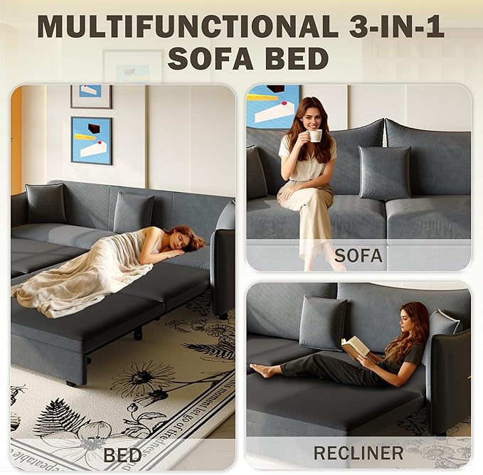 Eafurn 82" Oversized Loveseat Convertible Pull Out Sleeper Sofa Couch Bed King Size, 3-in-1 Sleeper Loveseat Sofa Lounge Chaise with Pull Out Bed and Curved Armrest | Removable Cushions