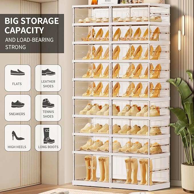9-Tier Foldable Shoe Rack for Closet Entryway 18-36Pairs,Stackable Clear Shoe Storage Boxes Organizer with Door Plastic Shoe Cabinet Bins with Lids Shoes Shelf Easy Assembly Large White