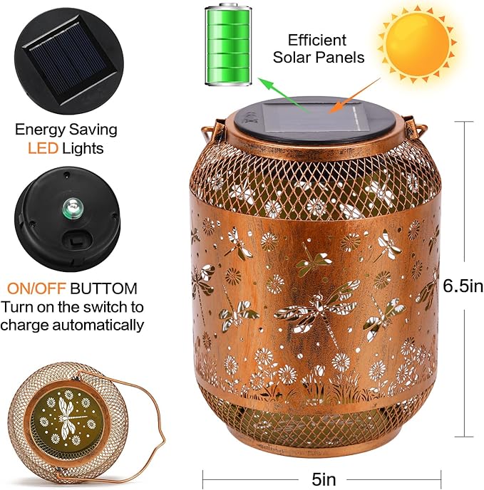 Dragonfly Solar Lanterns Outdoor Waterproof Garden Decor Gifts for Mom Women Grandma Metal Hanging Solar Lights Outdoor Decoration for Patio,Yard,Porch,Backyard