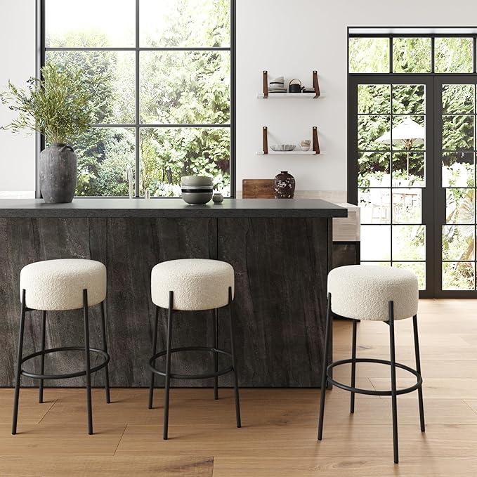 Nathan James Isaac 29" Modern Backless Bar Stool with Round Soft Padded Boucle Seat and Metal Mid-Century Base, Boucle White/Black