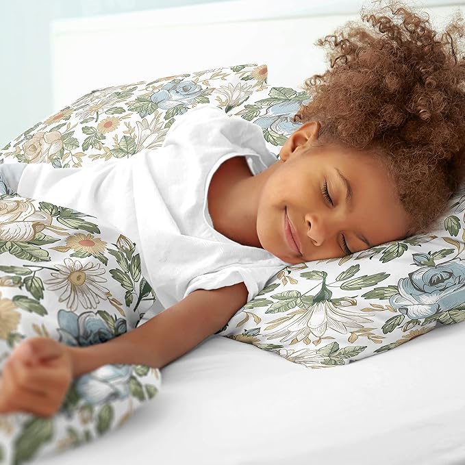 Sweet Jojo Designs Vintage Floral Blue Yellow Girl Full Queen Bedding Set Kids Comforter Childrens Size - 3pcs - Slate Green Gold Orange Taupe Beige Shabby Chic Rose Flower Boho Bohemian Farmhouse