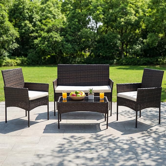 DUMOS 4 Piece Patio Furniture Set, All-Weather Outdoor Wicker Conversation Set with Removable Cushions & Tempered Glass Coffee Table, for Porch, Balcony, Lawn, Backyard, Brown