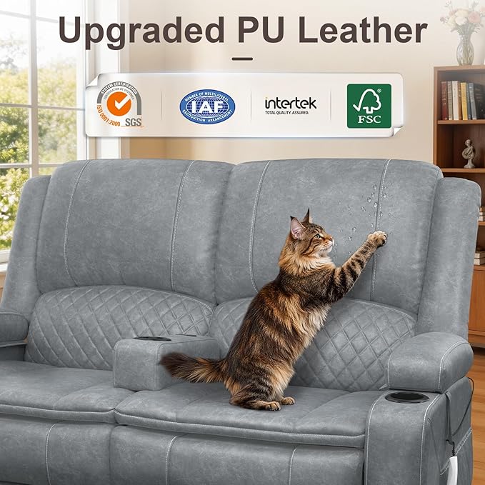 Yolsali Power Reclining Loveseat with Remote Control, Zero Wall Hugger RV Loveseat Recliner Sofa for Living Room with Removable Armrest, 2-Tier Cushions, Hidden Storage & USB Ports, PU Leather Grey