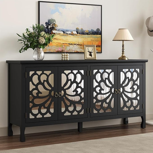 RoyalCraft 63'' Sideboard Buffet Cabinet with Storage, Accent Cabinet Credenza with 4 Doors and Adjustable Shelves, Vintage Media Console for Entryway, Living Room, Kitchen, Satin Black