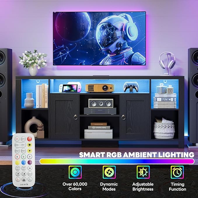 LIKIMIO TV Stand for TVs 80 inch with LED Lights & Power Outlet, Entertainment Center with Cabinets, Adjustable Shelves and Open Shelves, Modern Media TV Console Living Room, Black