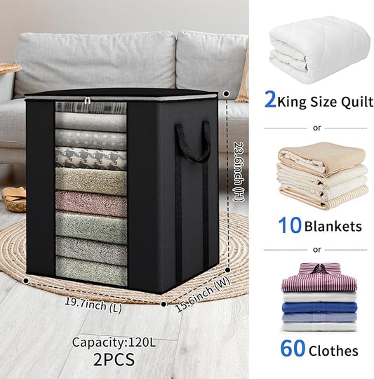 Fixwal Blanket Storage Bags with Zipper Large Storage Bins with Lids 120L 2 Pack Comforter Storage Bags with Reinforced Handles Clothes Storage Containers for King Comforter Bedding Pillow Sheet Black