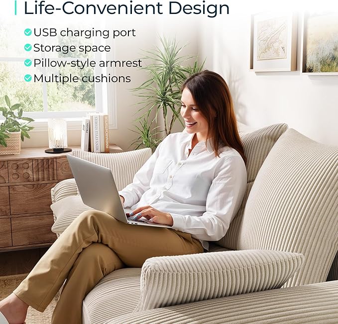 LINSY HOME Oversized Sectional Sleeper Sofa with Pull Out Couch Bed (Beige, 110.5'') | USB Charging, Pillow-style Armrest, Multiple Cushions, Modular Sofa, Corduroy Fabric