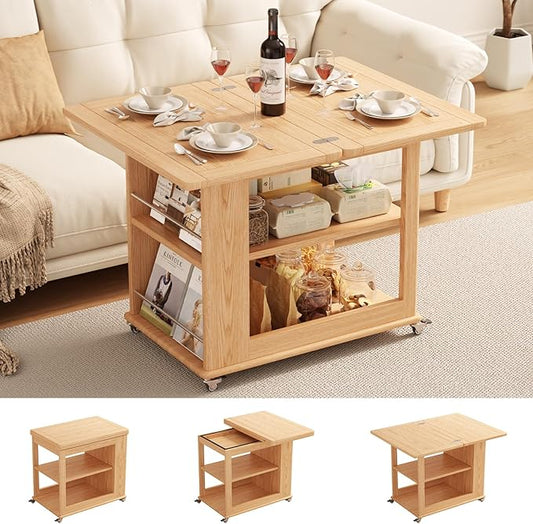 Folding Dining Table with Wheels, Solid Wood Dining Table Stylish 2-Tier Design for 2-4,Natural Hidden Storage for Living Room,Small Spaces, Dining Room, Kitchen
