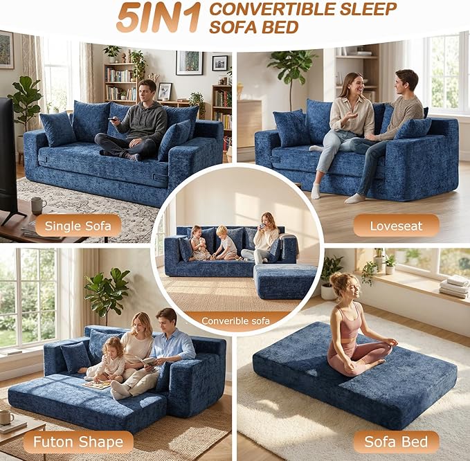 Convertible Sofa Bed, 5 in 1 Small Boneless Couch Pull Out Loveseat Sleeper Sofa,Corduroy Futon Couch Folding Mattress with 4 Pillows for Living Room Bedroom Lounge (Blue, 3 Seater)