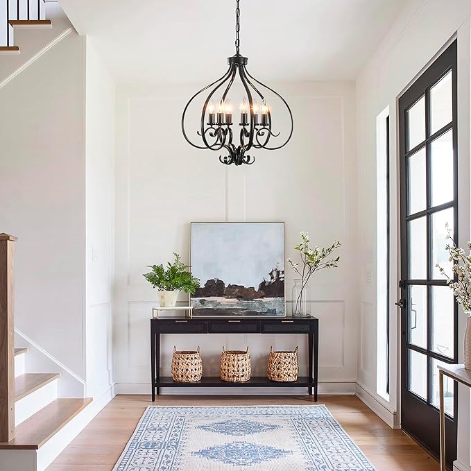 6-Lights Farmhouse Chandelier,19.68" Large Black Farmhouse Chandelier for Dining Room,Modern Vintage Rustic Adjustable Pendant Light Fixture for Kitchen Island Living Room Entryway Hallway Foyer