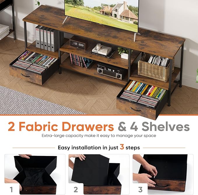 Sweetcrispy Entertainment Center with Stoage Wood TV Stand with Drawers for 75 Inch+ TVS, Television Stands for Living Room Media Console with Charging Station Drawers Shelf Sturdy Frame, 63'' Rustic