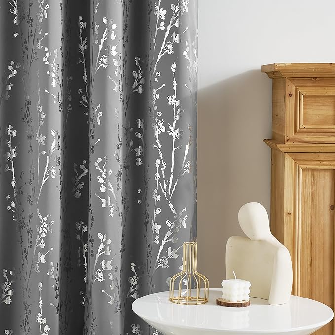 NICETOWN 100% Blackout Grey Curtains for Bedroom, Grommet Floral Foil Printed Blackout Window Treatment Thermal Curtains for Living Room/Kids Room, W52 x L63, 2 Panels