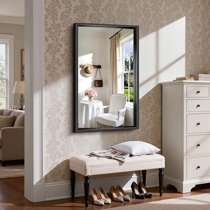 CIRCUMI 24"x40" Black Mirror with Chunky Box Metal Frame, Brushed Finish Rectangular Bathroom Mirrors for Over Sink, Living Room, Entryway, Tempered Glass Mirror for Wall, Vertical or Horizontal