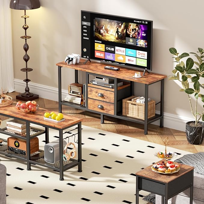 Furologee TV Stand with 2 Fabric Drawers, 43 Inch Entertainment Center with Open Storage Shelves, Media Console Table for Bedroom, Living Room, Rustic Brown