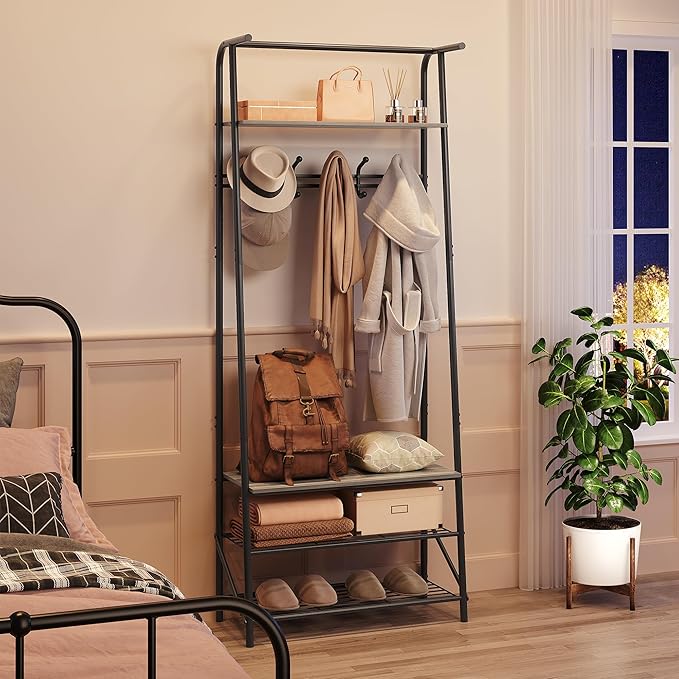 IDEALHOUSE Coat Rack Shoe Bench with 5 Hooks, Hall Trees Entryway Bench with Storage, Wood Look Accent Furniture with Metal Frame for Entryway, Living Room, Bedroom