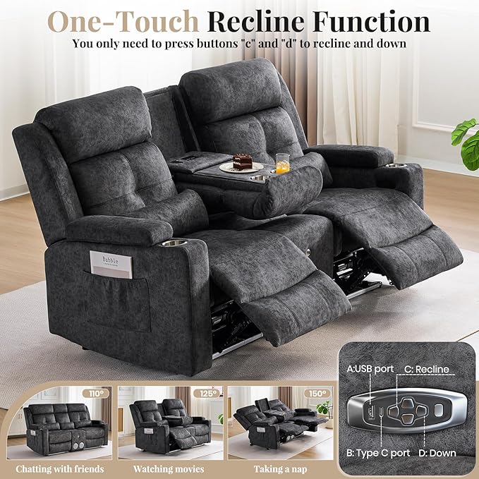 RV Power Loveseat Recliner Sofa with Console|RV Reclining Loveseat with Bluetooth Speaker & LED Light | RV Wall Hugger Double Recliner Loveseat Sofa 3 Pillows (Velvet Gray) | LED Light, Double Seat, Hidden Storage, Comfy Velvet