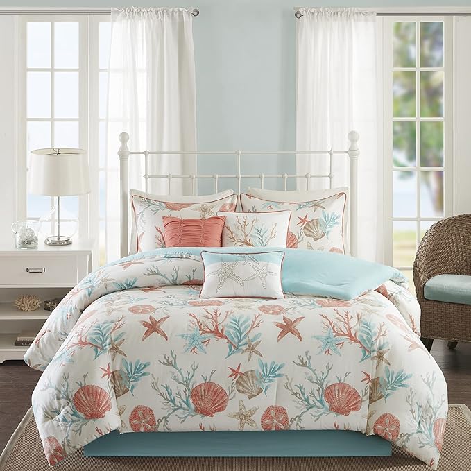 Madison Park 100% Cotton Comforter Set - Coastal Coral, Starfish Design All Season Down Alternative Cozy Bedding with Matching Shams, Decorative Pillow, King(104"x92"), Teal 7 Piece