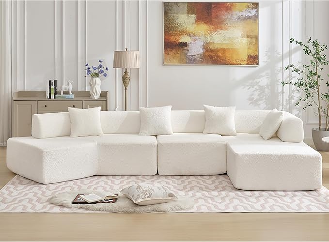 140" L-Shape Couch,Modern Minimalist Sleeper Sofa,Modular Sectional Couches with Chaise,Free Combination Foam-Filled Furniture,4 Seats Corner Chair for Dorm,Apartment,Studio,Office,Beige