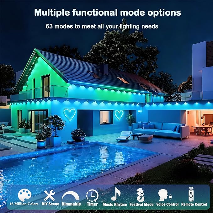 Permanent Outdoor Christmas Lights 100ft,Smart RGB Color Changing Eave Lights with 63 Scene Modes, IP67 Waterproof Permanent Holiday Lamps Outdoor,APP,Voice,Remote Control