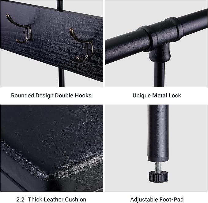 Allewie Coat Rack Shoe Bench, 75" Freestanding Hall Tree, Entryway Bench with Storage Shelves, Upholstered Sponge-Padded Seat, Organized with 5 Hooks, Industrial Furniture, Easy Assembly, Black