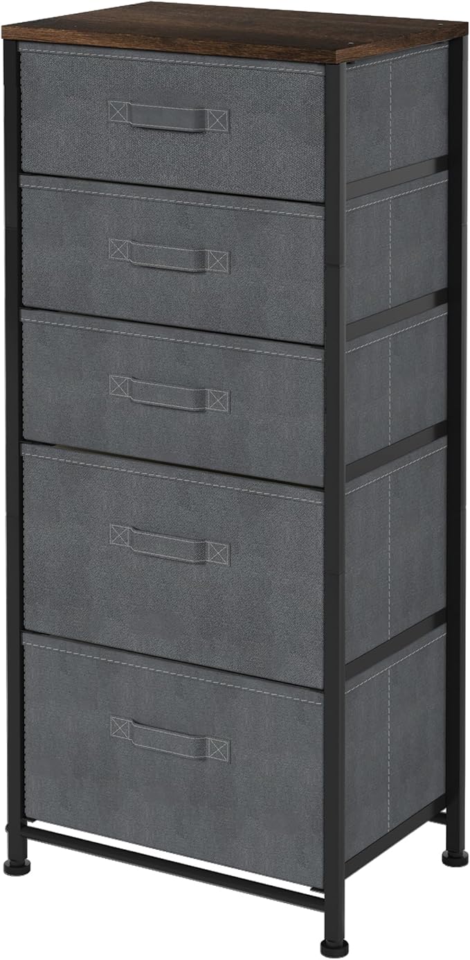 Whitmor Dresser for Bedroom, 5 Drawer Fabric Dresser, Chest of Drawers with Removable Fabric Drawer,37" Tall Wood Storage Organizer with Sturdy Steel Frame, 16.7" Lx 11.7" W x 37.2" H, Gray