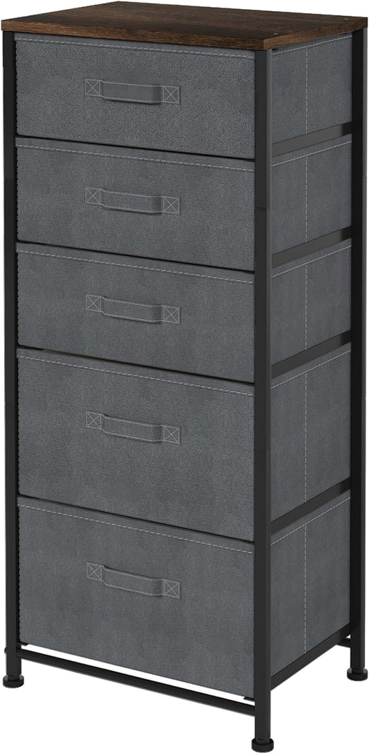 Whitmor Dresser for Bedroom, 5 Drawer Fabric Dresser, Chest of Drawers with Removable Fabric Drawer,37" Tall Wood Storage Organizer with Sturdy Steel Frame, 16.7" Lx 11.7" W x 37.2" H, Gray