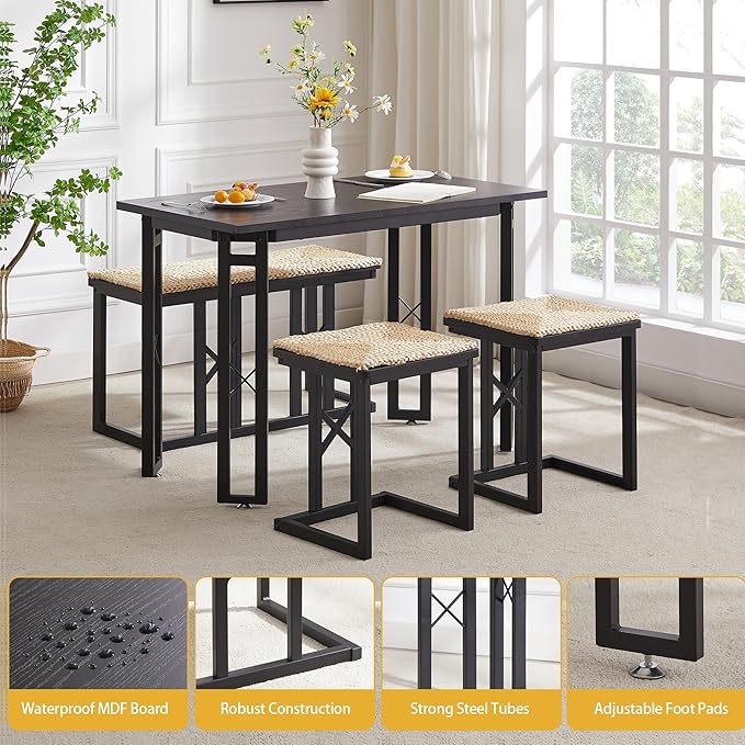 VECELO 43.3" Kitchen & Dining Table Set for 4, Rustic Farmhouse Style with 2 Benches and Wicker Cushions, Compact Metal Frame with Adjustable Foot Pads, Black