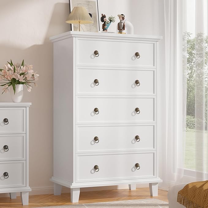 5 Drawers Dresser for Bedroom, White Chest of Drawers Tall Wood Dresser with Large Storage Organizer for Living Room, Hallway