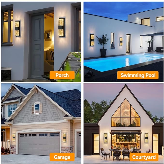 Dusk to Dawn Outdoor Lighting,Porch Lights Outdoor IP65 Waterproof Exterior Lighting Fixtures 12W LED Crystal Modern Outside Light for House Hallway Doorway Patio,14.2'' Back&Gold (1PCS)