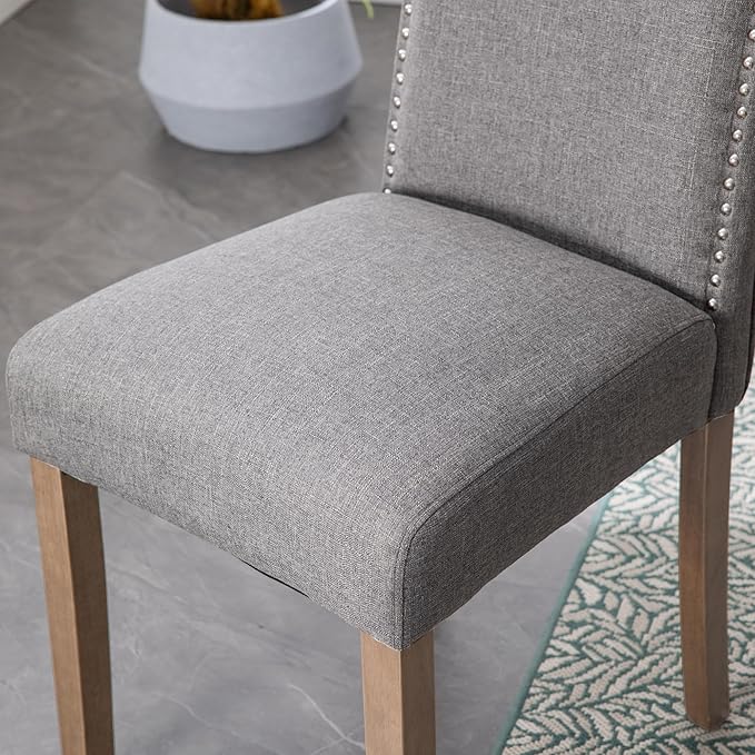 Upholstered Dining Chair Modern Stylish Parsons Kitchen Diner High Back with Silver Nailhead Trim & Wood Legs, Set of 6, Fabric Classic Grey