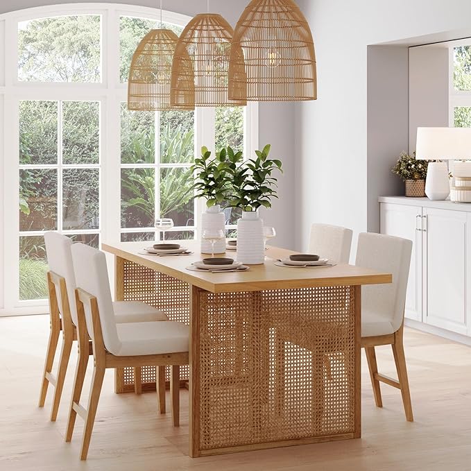 Nathan James Willow Boho Dining Table for 6 with Solid Wood Legs, 6-Person Natural Wood Dining Table, Warm Pine or Brown with Bohemian Rattan Accent